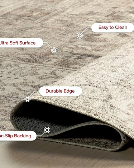 nuLOOM 6 Square Machine Washable Rain Haven Vintage Medallion Area Rug, Grey, Traditional Faded Design, Non-Slip Backing, Stain Resistant, For Bedroom, Dining Room, Living Room, Kitchen - LeafyLoom