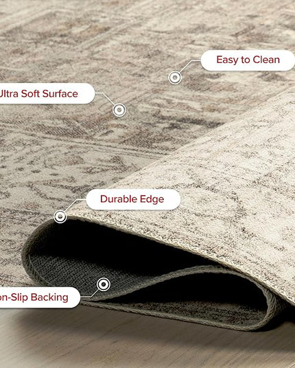 nuLOOM 6x9 Machine Washable Rain Haven Vintage Medallion Area Rug, Grey, Traditional Faded Design, Non-Slip Backing, Stain Resistant, For Bedroom, Dining Room, Living Room, Kitchen - LeafyLoom