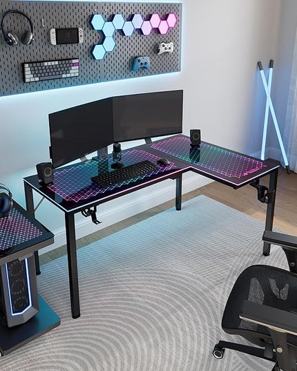 EUREKA ERGONOMIC RGB LED Lights 60 Inch L Shaped Reversible Black Glass Gaming Desk Home Office Computer Table GTG L60 - LeafyLoom