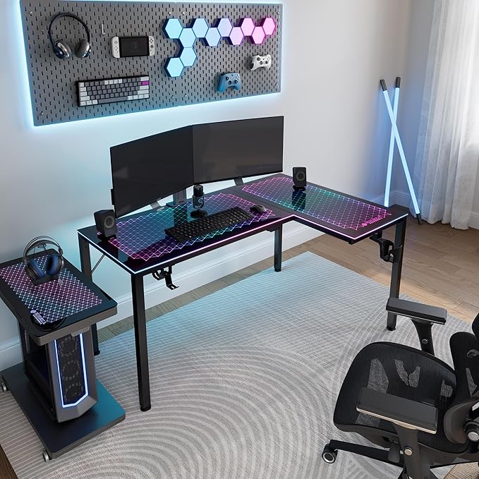 EUREKA ERGONOMIC RGB LED Lights 60 Inch L Shaped Reversible Black Glass Gaming Desk Home Office Computer Table GTG L60 - LeafyLoom