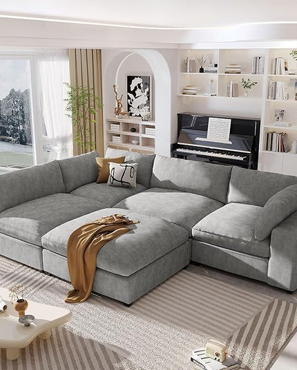 176.4 inch Oversized Sectional Sofa with Removable Ottoman, 5-Seater L Shaped Modular Corner Couch for Living Room, Office, Spacious Space, Grey - LeafyLoom