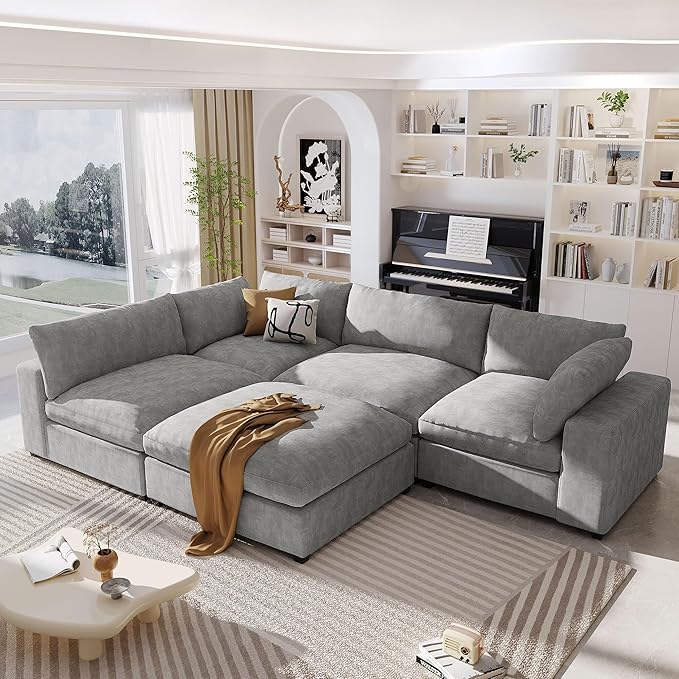 176.4 inch Oversized Sectional Sofa with Removable Ottoman, 5-Seater L Shaped Modular Corner Couch for Living Room, Office, Spacious Space, Grey - LeafyLoom