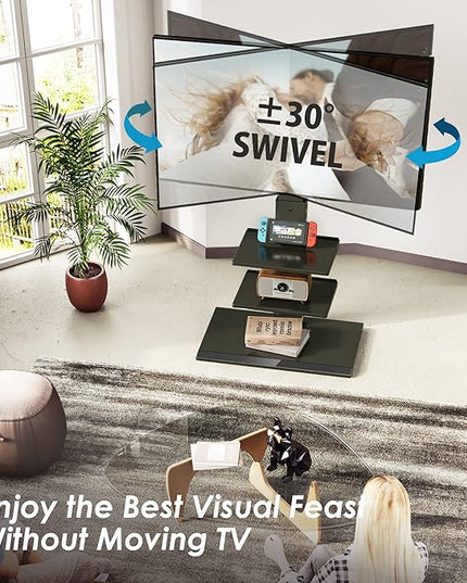 FITUEYES Iron Base Universal Floor TV Stand with Swivel Mount Space Saving for 26-65 Inch LED LCD OLED Plasma Flat Panel or Curved Screen TVs Height Adjustable Wire Management with 2 Shelves Black - LeafyLoom
