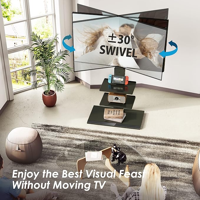 FITUEYES Iron Base Universal Floor TV Stand with Swivel Mount Space Saving for 26-65 Inch LED LCD OLED Plasma Flat Panel or Curved Screen TVs Height Adjustable Wire Management with 2 Shelves Black - LeafyLoom