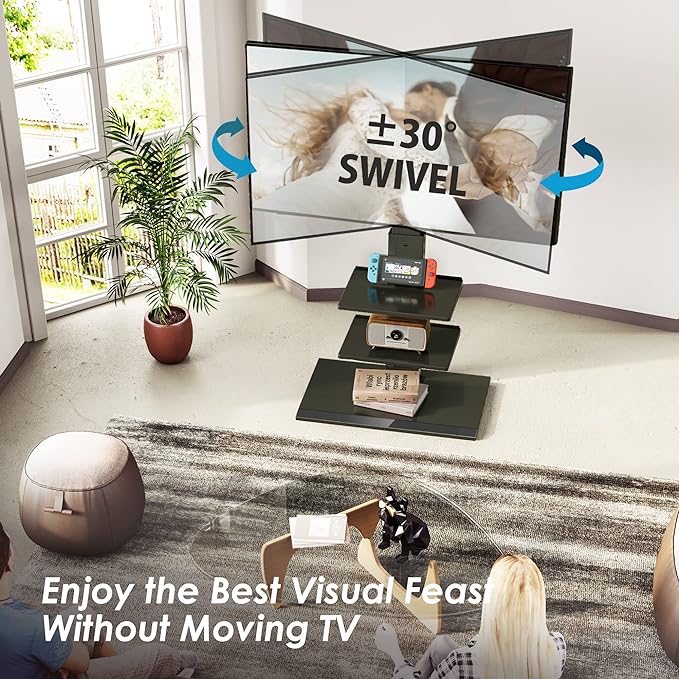FITUEYES Iron Base Universal Floor TV Stand Swivel Tilt Mount TV Stand Base for 32-75 Inch TVs Corner TV Stand with Height Adjustable Entertainment Shelves Wire Management (Black) - LeafyLoom