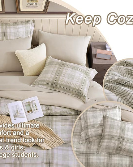 Beige King Size Comforter, Khaki Green Plaid King Comforter Set or Boys & Girls,Classic Homestead-style King Bedding Sets with King Size Bed Sheets and Comforter Sets - LeafyLoom