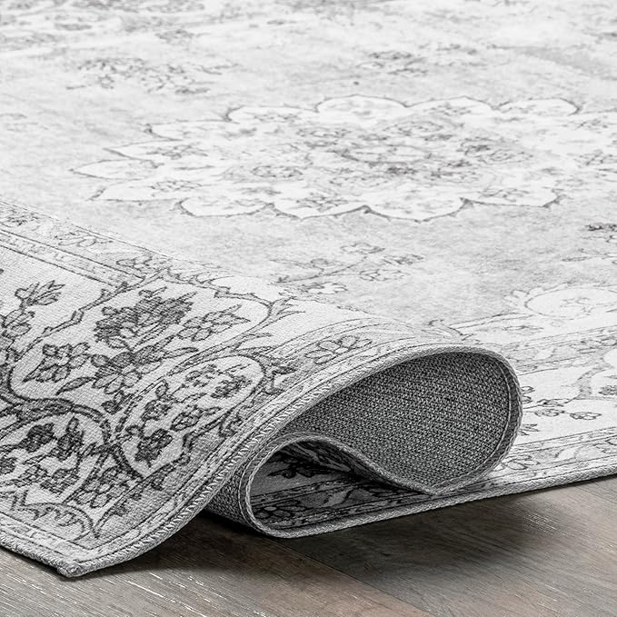 nuLOOM Ren Vintage Floral Machine Washable Ultra Thin Area Rug, 5x8, Grey - LeafyLoom