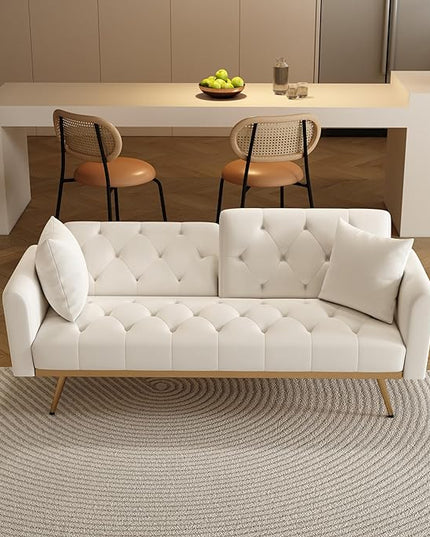 Velvet Upholstered Modern Convertible Futon Couch Folding Sofa Bed Recliner Lounge Loveseat Daybed Sofacama with Adjustable Backrest and Golden Legs for Small RV Living Room Office, Beige 68.3" - LeafyLoom