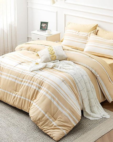 Bedsure Bed in a Bag California King Size 7-Piece Yellow White Striped Bedding Comforter Sets All Season Bed Set, 2 Pillow Shams, Flat Sheet, Fitted Sheet and 2 Pillowcases - LeafyLoom