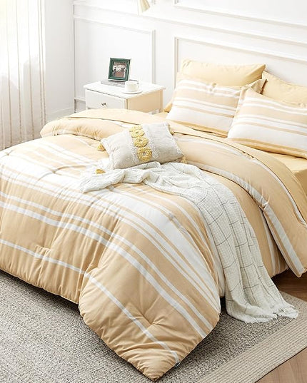 Bedsure Bed in a Bag Twin Size 5-Piece Yellow White Striped Bedding Comforter Sets All Season Bed Set with 1 Pillow Sham, Flat Sheet, Fitted Sheet and 1 Pillowcase - LeafyLoom