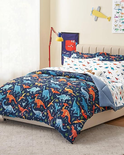 Kids Twin Dinosaur Bedding Comforter Set for Boys, 5 Pieces Twin Size Dinosaur Kids Bedding Set, Super Soft Lightweight Microfiber Comforter Set with Sheets for All Seasons - LeafyLoom