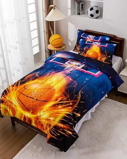 Btargot Basketball Fire Court Comforter Sets Twin for Boys Teens,3D Sports Bedding,Soft Microfiber Reversible Quilt with 2 Matching Pillow Shams - LeafyLoom