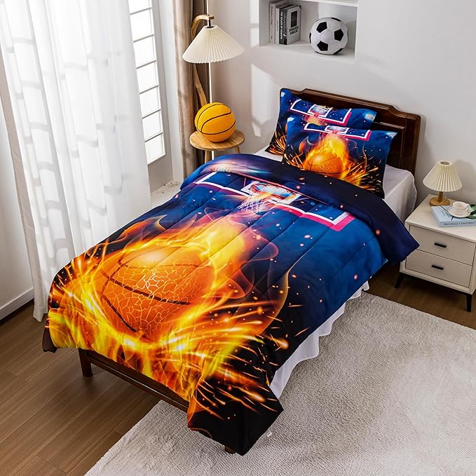 Btargot Basketball Fire Court Comforter Sets Twin for Boys Teens,3D Sports Bedding,Soft Microfiber Reversible Quilt with 2 Matching Pillow Shams - LeafyLoom
