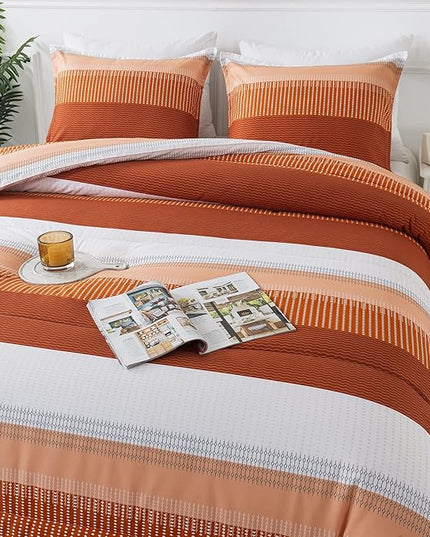 Andency Stripe Comforter Set Full Size (79x90 Inch), 3 Pieces Terracotta Patchwork Striped Comforter, Soft Microfiber Down Alternative Comforter Bedding Set with Corner Loops - LeafyLoom