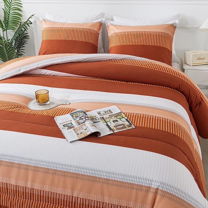 Andency Stripe Comforter Set Full Size (79x90 Inch), 3 Pieces Terracotta Patchwork Striped Comforter, Soft Microfiber Down Alternative Comforter Bedding Set with Corner Loops - LeafyLoom