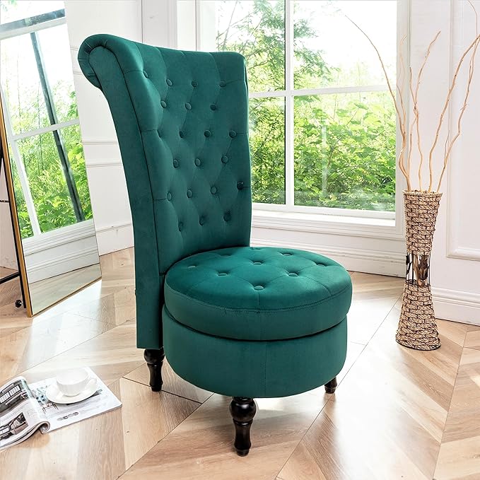 Royal High-Back Velvet Accent Chair for Vanity with Storage and Luxurious Upholstery, Retro Design and Versatile Usage for Living Room, Bedroom, Lounge and Office, Green - LeafyLoom