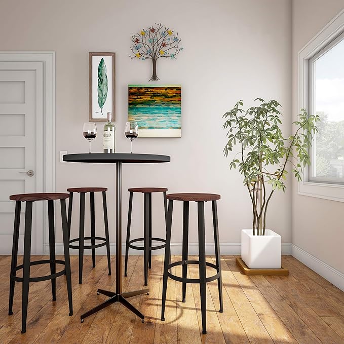 Home Lavish Bar Height Stools-Backless Kitchen or Dining Room Metal Base, Wood Seat- Modern Farmhouse Accent Furniture (Set of 2) - LeafyLoom