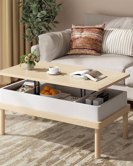 Shintenchi Coffee Table, Lift Top Coffee Table with Hidden Compartment, Rising Tabletop Dining Table, Lift Top Coffee Center Table for for Living Room, Office, Home (Oak) - LeafyLoom