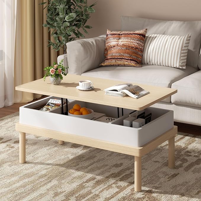 Shintenchi Coffee Table, Lift Top Coffee Table with Hidden Compartment, Rising Tabletop Dining Table, Lift Top Coffee Center Table for for Living Room, Office, Home (Oak) - LeafyLoom