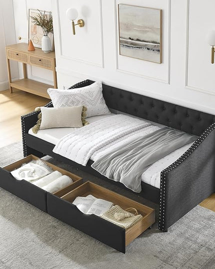 Twin Size Daybed with Two Storage Drawers, Linen Upholstered Tufted Sofa Bed w/Button on Back and Copper Nail on Waved Shape Arms, for Bedroom Living Room, No Box Spring Needed, Black - LeafyLoom