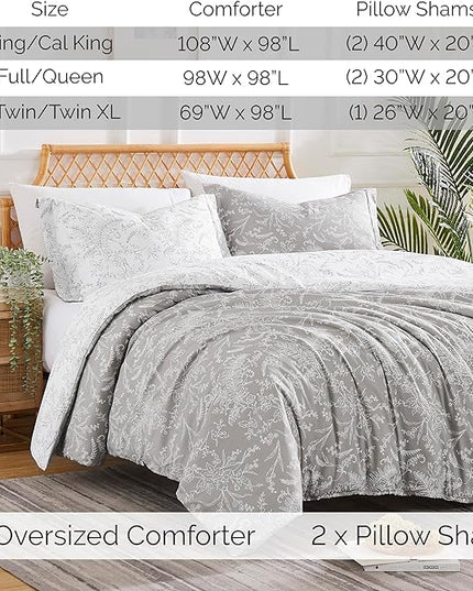 Southshore Fine Living, Inc. Full/Queen Comforter Set, Hotel Quality Floral Comforter with Matching Shams, Reversible Print is 2 Colors in 1, Fits Queen & Full Beds, Winter Brush Grey/White - LeafyLoom