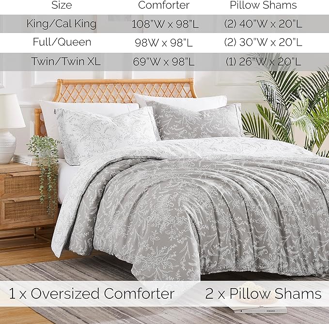 Southshore Fine Living, Inc. Full/Queen Comforter Set, Hotel Quality Floral Comforter with Matching Shams, Reversible Print is 2 Colors in 1, Fits Queen & Full Beds, Winter Brush Grey/White - LeafyLoom