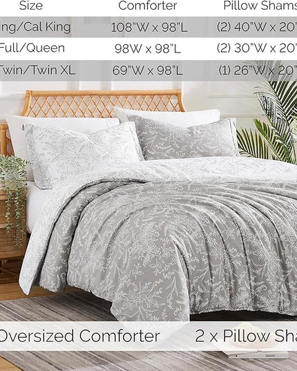 Southshore Fine Living, Inc. Full/Queen Comforter Set, Hotel Quality Floral Bedspread with Matching Shams, Reversible Print is 2 Colors in 1, Fits Queen & Full Beds, Winter Brush Grey/White - LeafyLoom