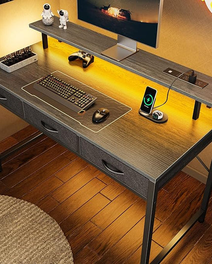 47 inch Computer Desk with 3 Drawers, Office Desk Gaming Desk with LED Lights & Power Outlets, Home Office Desks with Storage Space for Bedroom, Work from Home, Gray - LeafyLoom