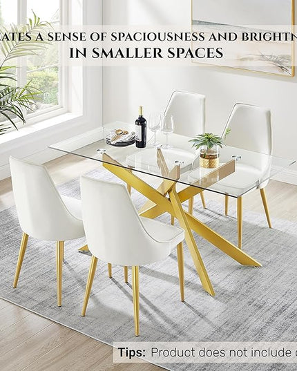Edwin's Choice 58.5” Rectangle Glass Dining Table, Tempered Glass Table Top and Metal Tubular Legs, Modern Style Table for Home, Kitchen, Dining room 58.5”Lx29”Wx30”H, Gold (Table Only) - LeafyLoom