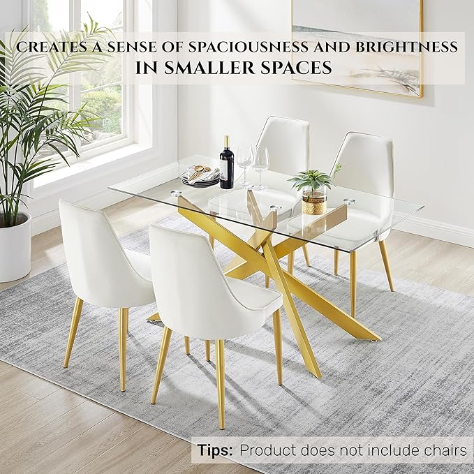 Edwin's Choice 58.5” Rectangle Glass Dining Table, Tempered Glass Table Top and Metal Tubular Legs, Modern Style Table for Home, Kitchen, Dining room 58.5”Lx29”Wx30”H, Gold (Table Only) - LeafyLoom
