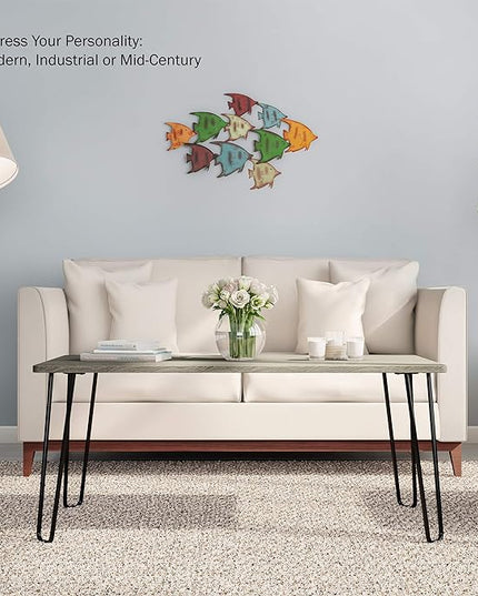 LAVISH HOME Coffee Table with Hairpin Legs-Modern Industrial Style Home Decor-Woodgrain-Look and Steel Accent Living Room Furniture, 41", Gray - LeafyLoom
