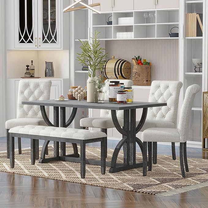 60 Inch Dining Table Set for 6, Retro Rectangular Dining Table with Unique Legs and 4 Upholstered Chairs & 1 Bench, Dining Room Table Set for Dining Room/Living Room, Grey Wash - LeafyLoom