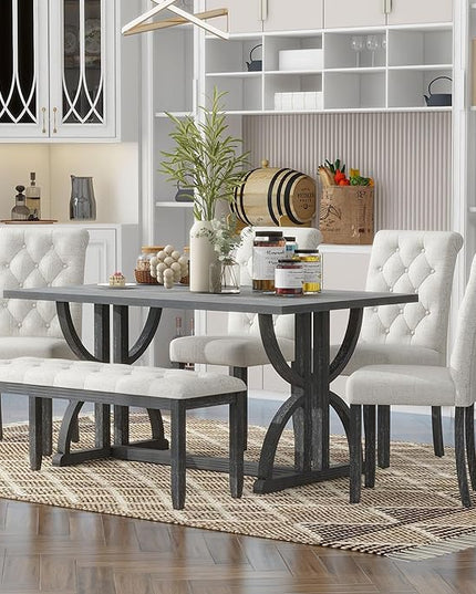 6-Piece Retro Style Rectangular Dining Table Set with Unique Legs and 4 Upholstered Chairs & 1 Bench for Kitchen, Breakfast Nook, Living Room, Gray Wash, 59.8" L x 35.8" W x 30" H - LeafyLoom