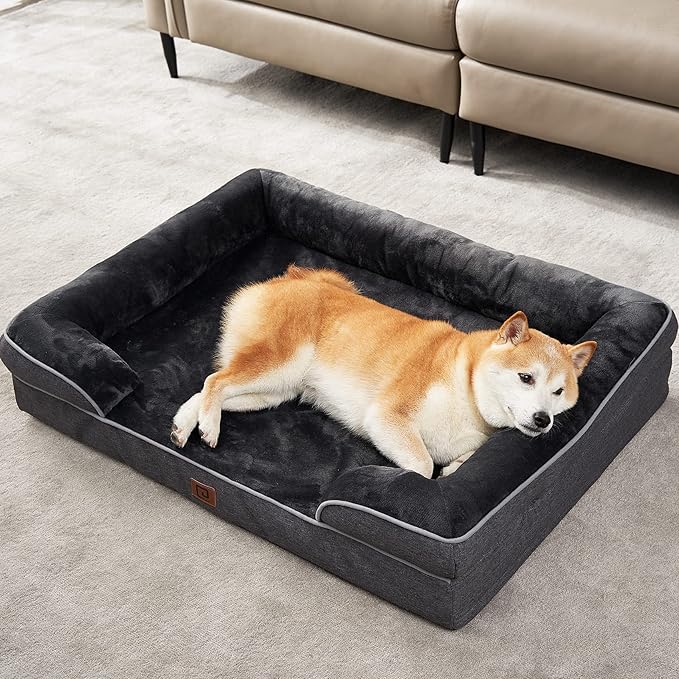 EHEYCIGA Orthopedic Dog Beds for Large Dogs, Waterproof Memory Foam Large Dog Bed with Sides, Non-Slip Bottom and Egg-Crate Foam Large Dog Couch Bed with Washable Removable Cover, Dark Grey EHEYCIGA