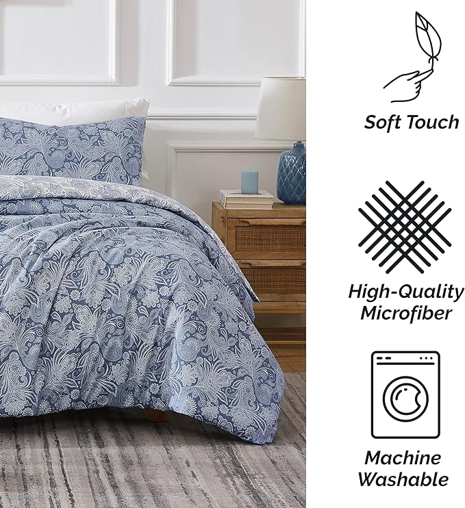 Southshore Fine Living, Inc. Oversized Twin Comforter Bedding Set, Down Alternative Paisley Bedspread, Reversible Print is 2 Colors in 1, Twin/Twin XL Comforter & Matching Sham, Blue/White - LeafyLoom