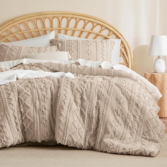 Bedsure Twin/Twin XL Comforter Set Dorm Bedding - Khaki Boho Bedding Comforter Set, 2 Pieces Farmhouse Shabby Chic Embroidery Bed Set, Soft Jacquard Tufted Comforter for College - LeafyLoom