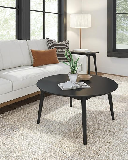 Plank+Beam Mid Century Modern Coffee Table, 36 Inch Wood Coffee Tables for Living Room, Round Center Table, Cocktail Table for Small Spaces, Black - LeafyLoom