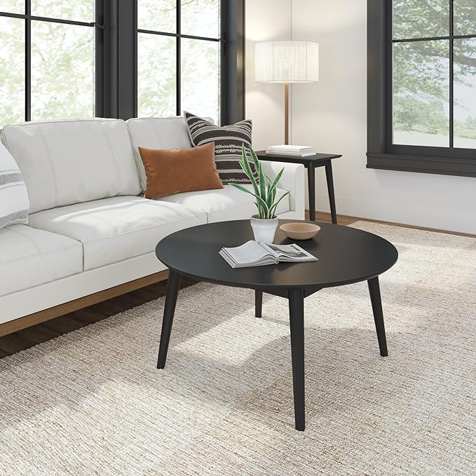Plank+Beam Mid Century Modern Coffee Table, 36 Inch Wood Coffee Tables for Living Room, Round Center Table, Cocktail Table for Small Spaces, Black - LeafyLoom