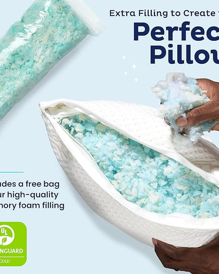 Snuggle-Pedic Adjustable Cooling - Shredded Memory Foam Pillows for Side, Stomach & Back Sleepers - Fluffy or Firm - Keeps Shape - College Dorm Room Essentials for Girls and Guys - Queen - LeafyLoom