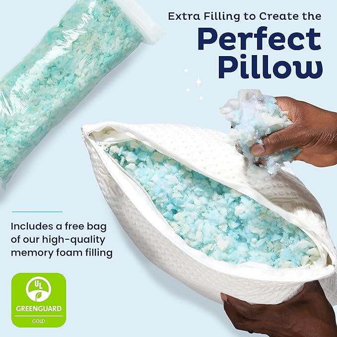 Snuggle-Pedic Adjustable Cooling - Shredded Memory Foam Pillows for Side, Stomach & Back Sleepers - Fluffy or Firm - Keeps Shape - College Dorm Room Essentials for Girls and Guys - Queen - LeafyLoom