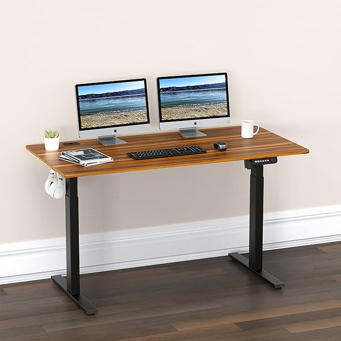 SHW 55-Inch Large Electric Height Adjustable Standing Desk, 55 x 28 Inches, Walnut - LeafyLoom