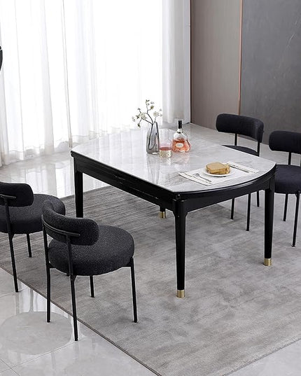 Black Dining Chairs Set of 4 Round Upholstered Boucle Dining Room Chairs Mid-Century Modern Kitchen Chairs Curved Backrest Chairs for Dining Room Black Metal Legs - LeafyLoom