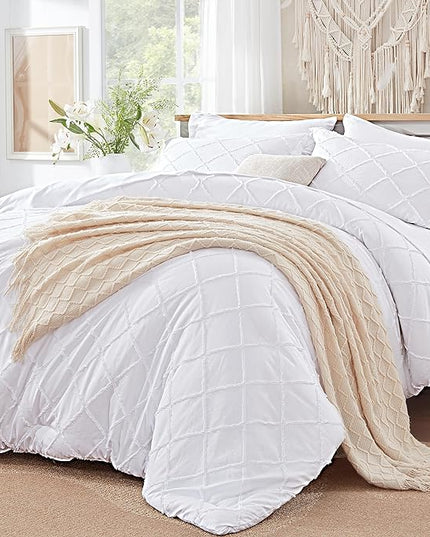 White Comforter Set with Jacquard Tufted Design, Farmhouse Bedding Sets for All Seasons, Soft 7 Pieces King Bed in a Bag with Comforter, Flat Sheet, Fitted Sheet, Pillowcases & Shams - LeafyLoom