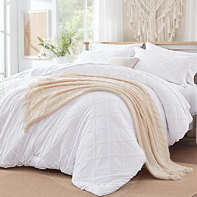 White Comforter Set with Jacquard Tufted Design, Farmhouse Bedding Sets for All Seasons, Soft 7 Pieces King Bed in a Bag with Comforter, Flat Sheet, Fitted Sheet, Pillowcases & Shams - LeafyLoom