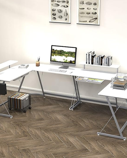 SHW Vista L-Shape Desk with Monitor Stand, White - LeafyLoom