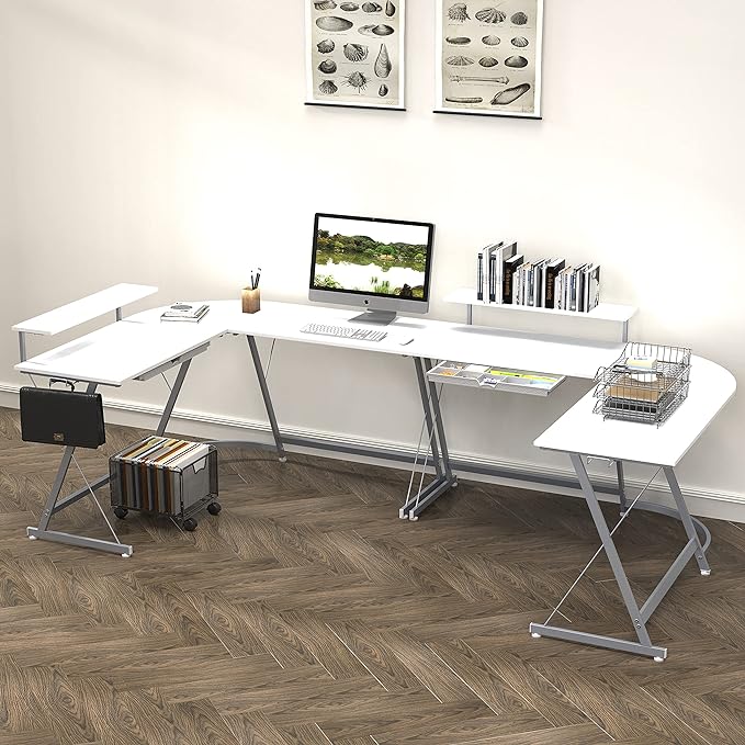 SHW Vista L-Shape Desk with Monitor Stand, White - LeafyLoom