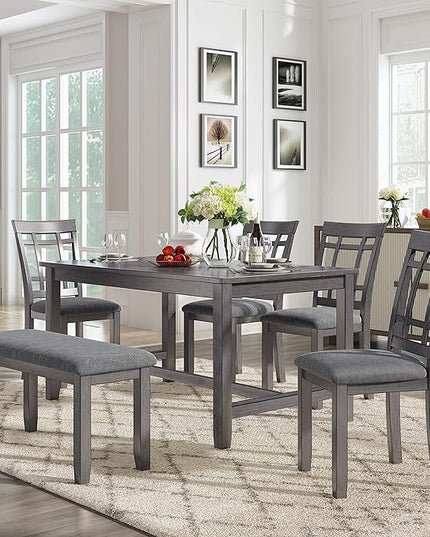 Farmhouse Style, Spacious 4 Chairs and Multifunctional Bench, Long-Lasting Solid Wood, for Kitchen, Room, 6 Piece Dining Table Set, Gray 7 - LeafyLoom