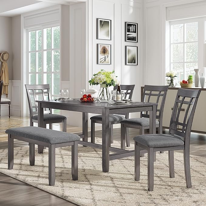 60 Inch Dining Table Set for 6, Kitchen Table set with 4 Upholstered Chairs and Bench, Dining Room Table Set for Living Room, Dining Room, Dark Grey - LeafyLoom