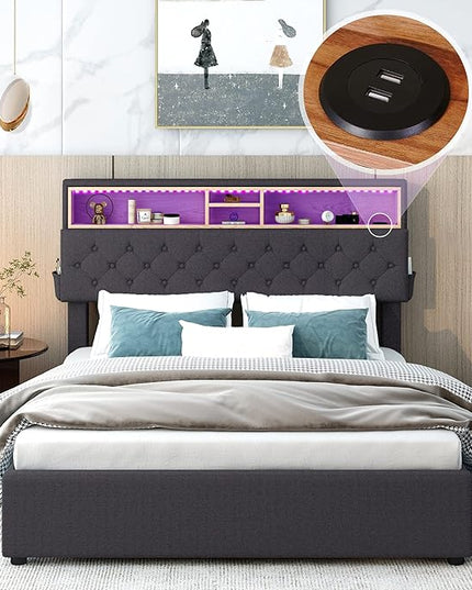Full Size Bed Frame with LED Headboard, USB Charging, Upholstered Platform Bed with Storage Drawers and Headboard, No Box Spring Needed, Dark Gray - LeafyLoom
