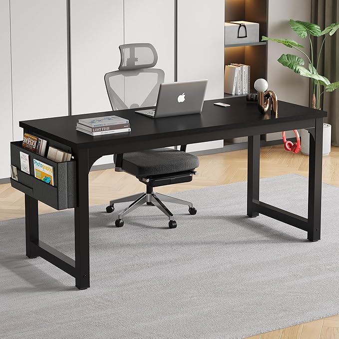 63 Inch Large Computer Desk Writing Study Work Office Table Home Office Desk Moderm Gaming Desk Simple Workstation with Storage Bag and Iron Hook - Black - LeafyLoom